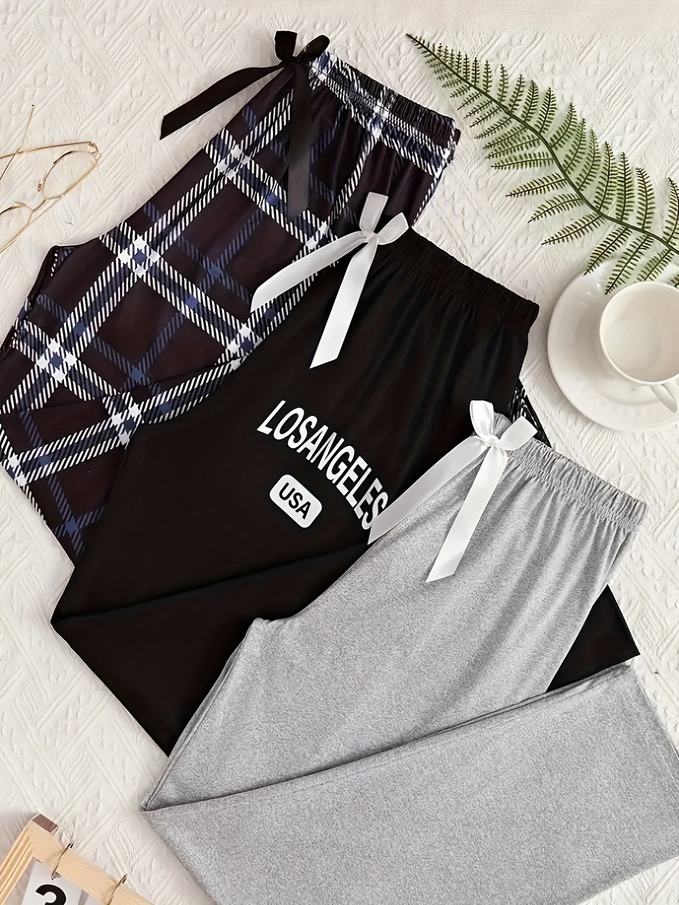 3 plus size lounge pants with letter & plaid prints and bow elastic waistband for women.