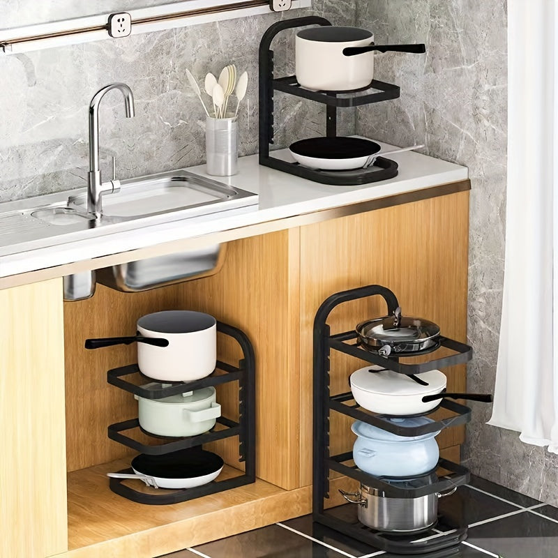 Height adjustable pot racks, stainless steel sink under pot and pan storage, multi-layer cabinet shelves, dining room kitchen storage tables.