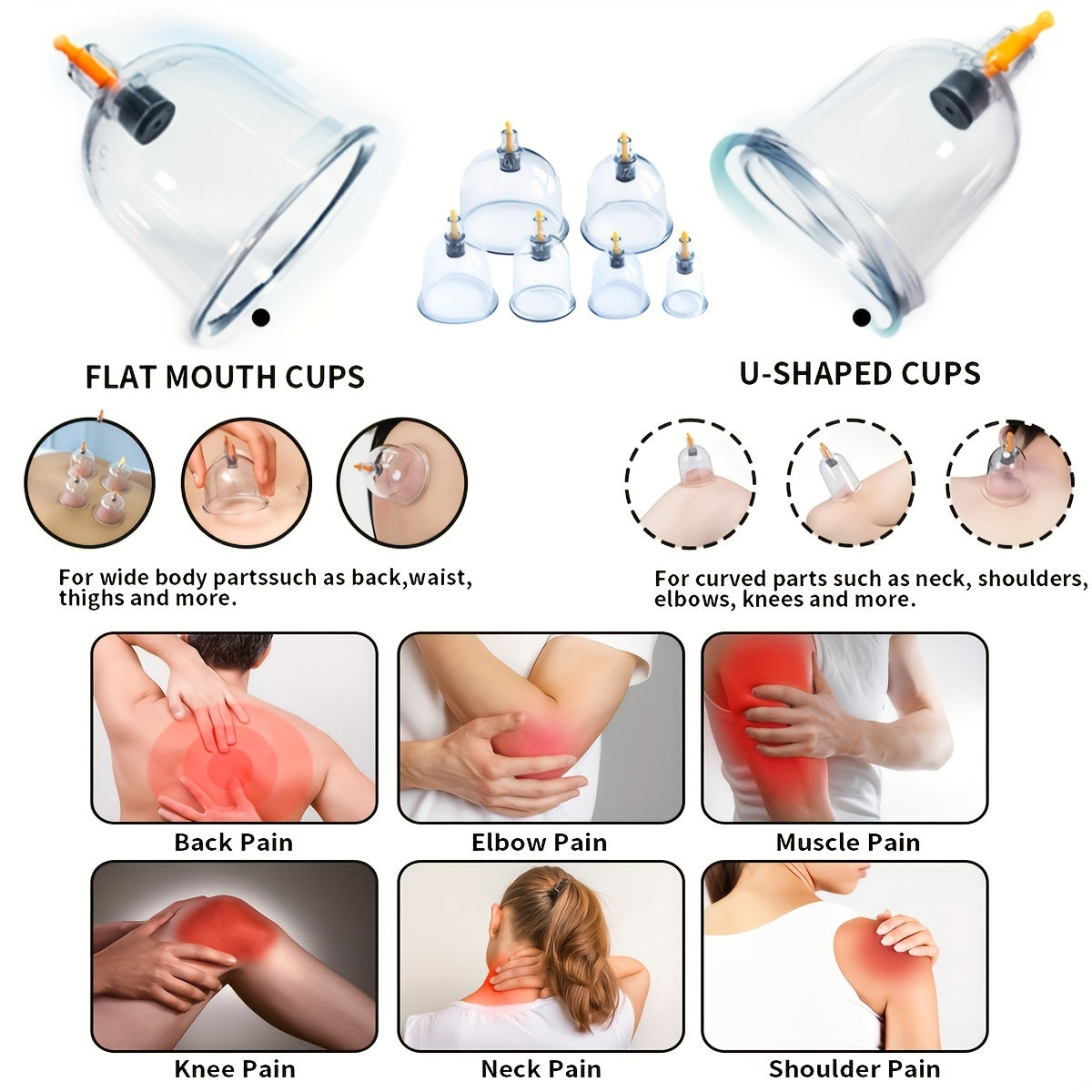 Massage Cupping Set with multiple vacuum cups, hand pump, and detailed manual for massage therapists and Chinese acupuncture. Portable with vacuum suction.