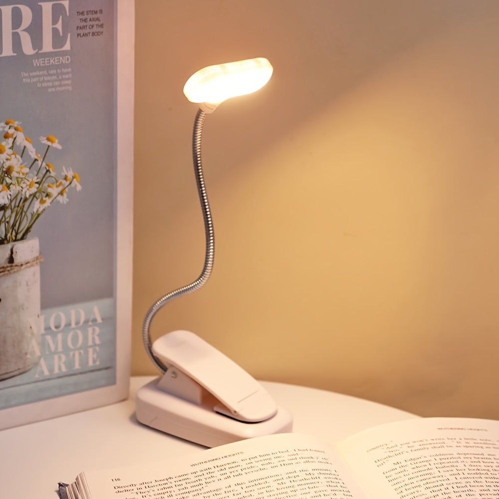 1 portable clip reading lamp with adjustable arm for night reading, desk or desktop use. Battery operated for reading at home.