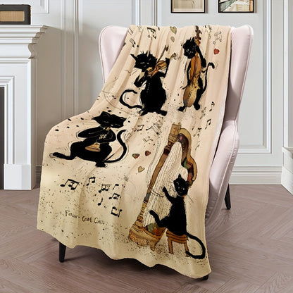 The Cozy Black Cat and Guitar Music Lover's Throw Blanket is made of soft, all-season flannel, making it perfect for outdoor travel and camping. This large blanket also makes a great gift.