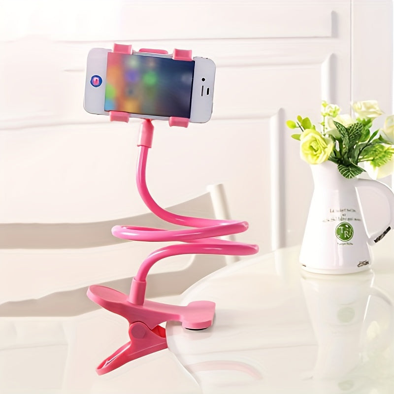 Adjustable gooseneck phone holder with claw clip - flexible stand for smartphone, 360° swivel mount for desk or wall, 63.5cm.