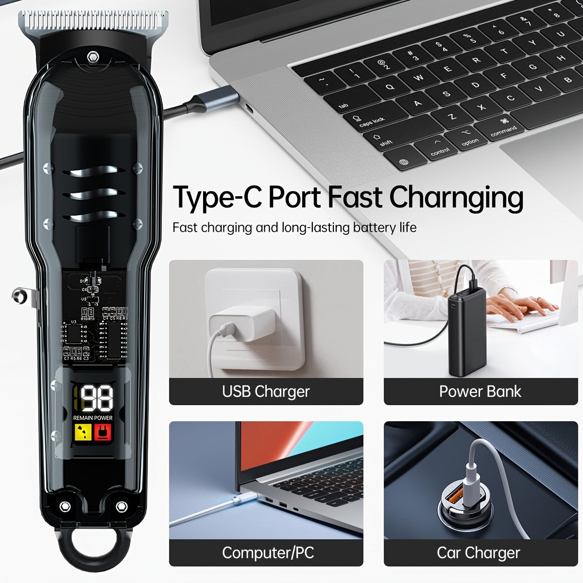 Electric hair clipper with LCD display, rechargeable via USB for home, travel, and salon use.