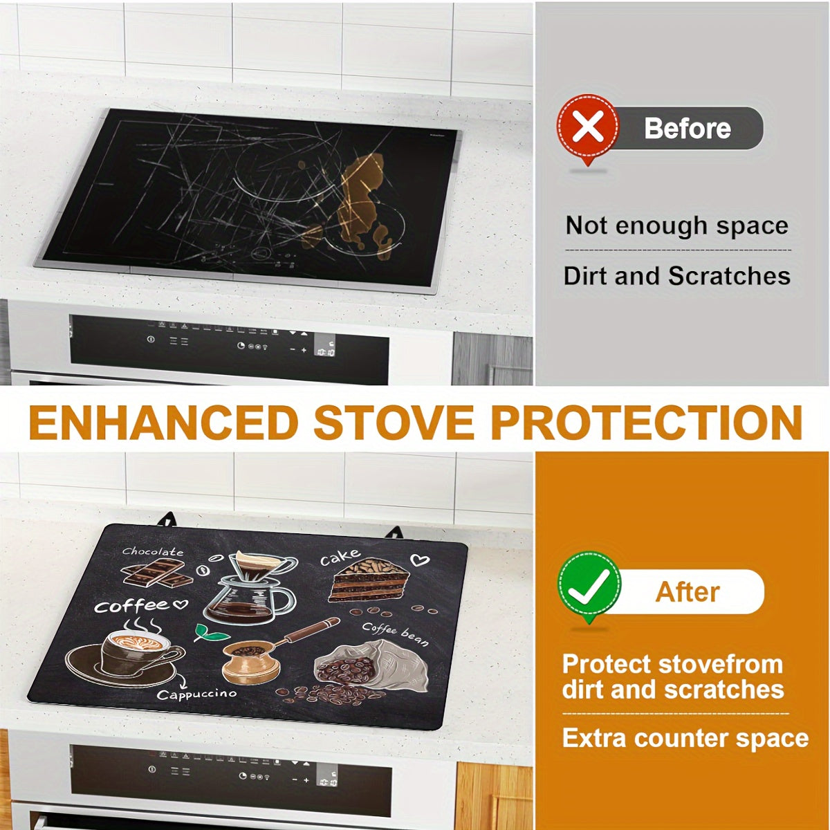 Protect your kitchen stove top with this multifunctional cover measuring 72.39x52.07cm. Made of heat-resistant and scratch-proof natural rubber, this cover is designed for electric and glass cooktops. It is dishwasher safe and comes with an anti-scratch