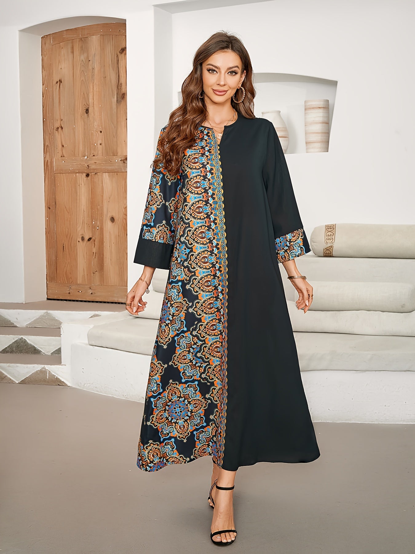 Black & blue floral print maxi kaftan dress with elegant paisley design. Made of polyester, machine washable. Perfect for spring/summer/fall. Arabian style robe in polyester fabric.