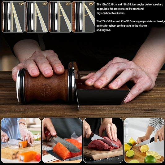 Elegant Diamond-Roll 4-Sided Knife Sharpener with Wooden Handles - Ideal for Precision Cutting - Great Gift for Cooking Enthusiasts