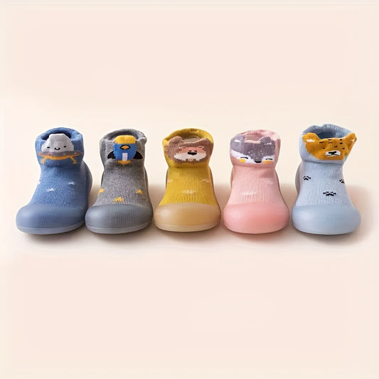 Cute slip-on baby sock shoes with non-slip soles for newborns and toddlers in blue, yellow, pink, and brown.