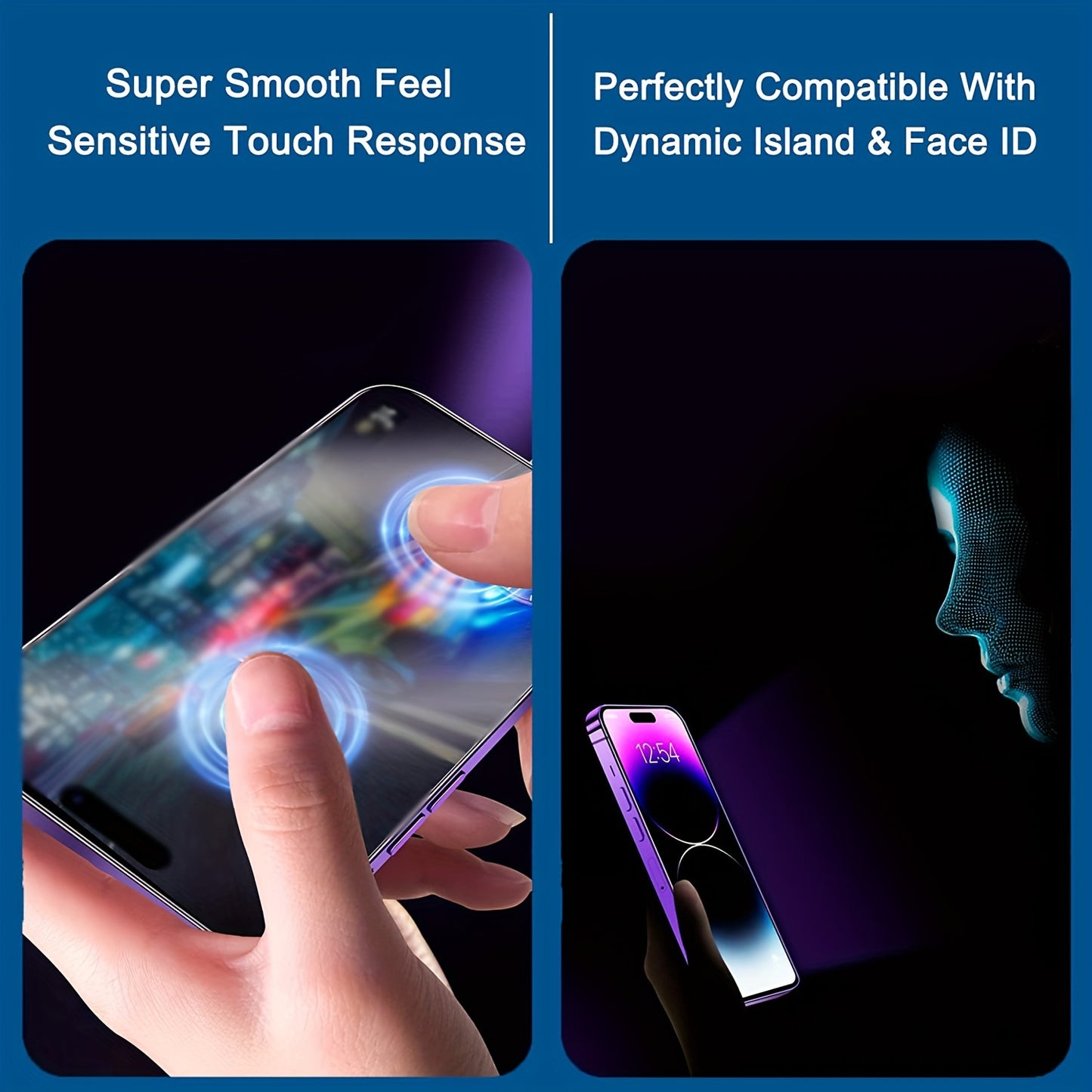 Two-pack of privacy tempered glass screen protectors for various iPhone models, featuring anti-scratch, glossy surface, and anti-peep technology.