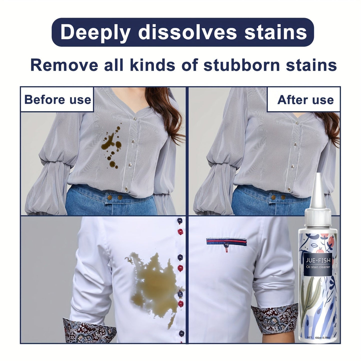 Powerful Clothes Oil Stain Remover with Citric Acid Formula - Low Odor Liquid Fabric Cleaner for Yellowed and Stained Apparel - 1 piece