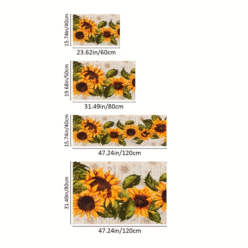 One piece Sunflower Print Kitchen Floor Rug designed to resist dirt and water, machine washable for easy cleaning. Can be used as an Entrance Doormat, Kitchen and Living Room Carpet, or Laundry and Bathroom Water-absorbing Floor Carpet.