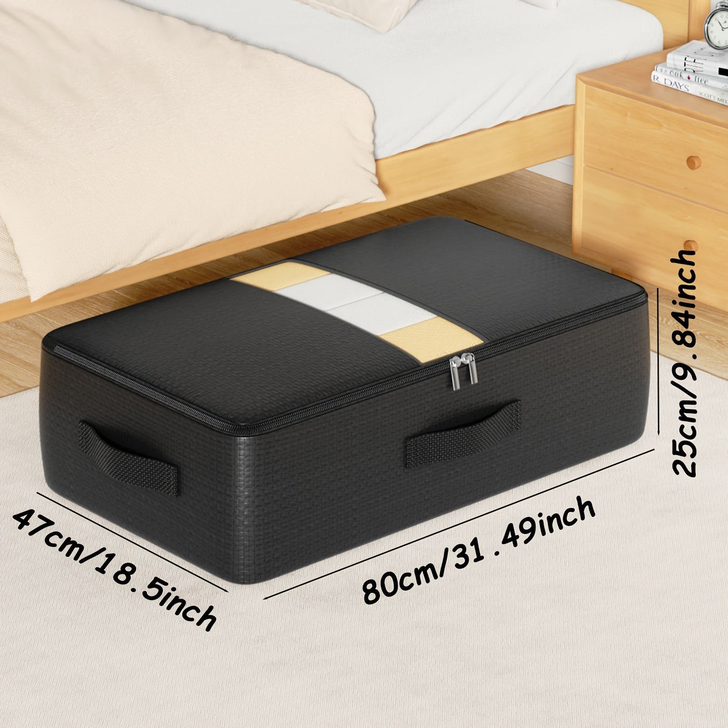 Large capacity fabric under-bed storage bag with waterproof packaging, ideal for storing clothes, blankets, pillows, toys, and books. Features a foldable design and independent, stylish look. Offers less than 3.2 cubic feet of storage space and fits