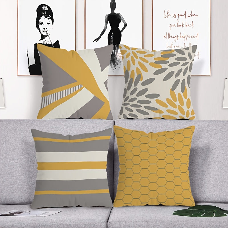 Boho Chic Throw Pillow Cover - Vibrant Yellow & Gray Geometric Design, 44.96x44.96 cm, Made of Polyester with Zip Closure - Perfect for Sofa, Bedroom, Office, or Farmhouse Decor. Easy to clean in the washing machine. Insert not included.