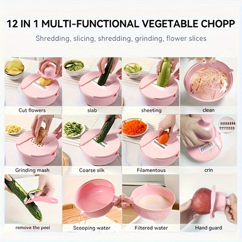 Multi-functional vegetable chopper with 12 different functions, including slicing, dicing, and grating. Perfect for cutting potatoes, carrots, and radishes. Easy to clean and made of PP material. Suitable for use in both homes and restaurants.