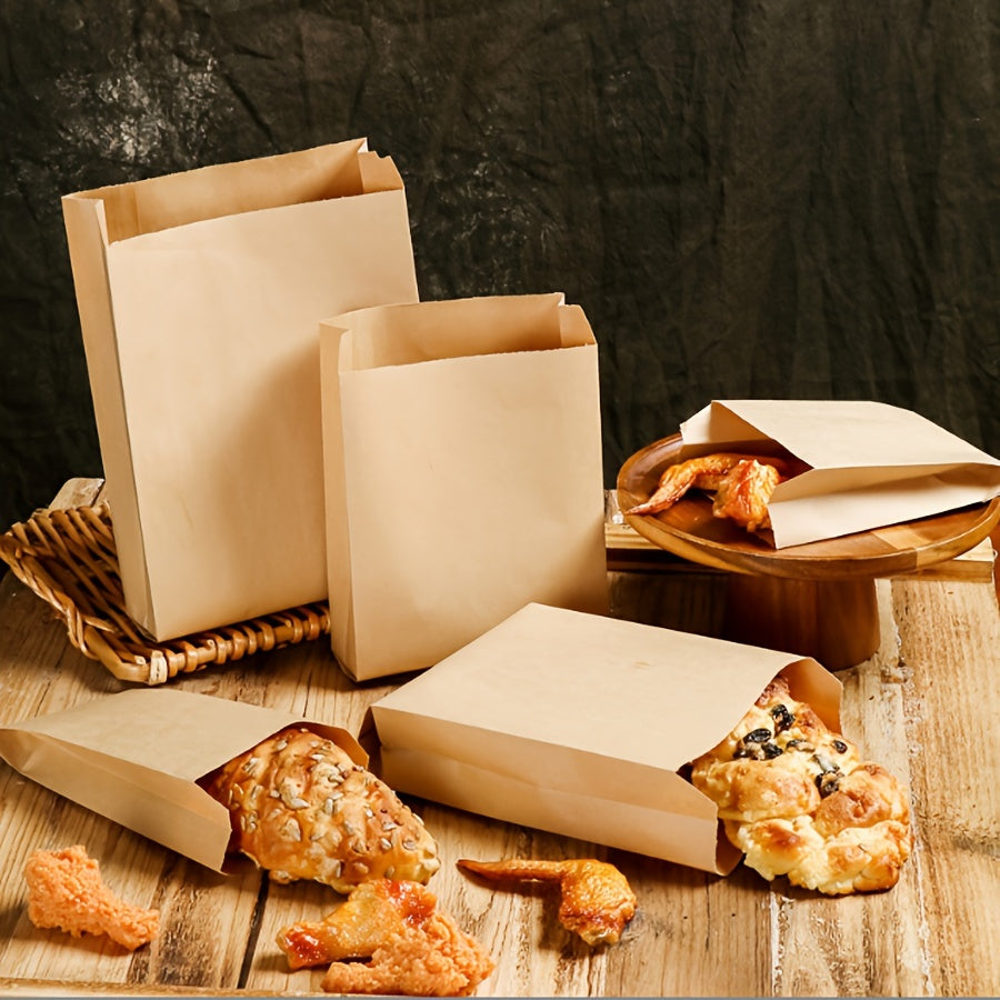 50-count of disposable brown kraft paper bags with fold-top design, perfect for packaging food and vegetables, candy, lunch items, bakery goods such as cookies and bread, and fruits at grocery stores or fruit markets.