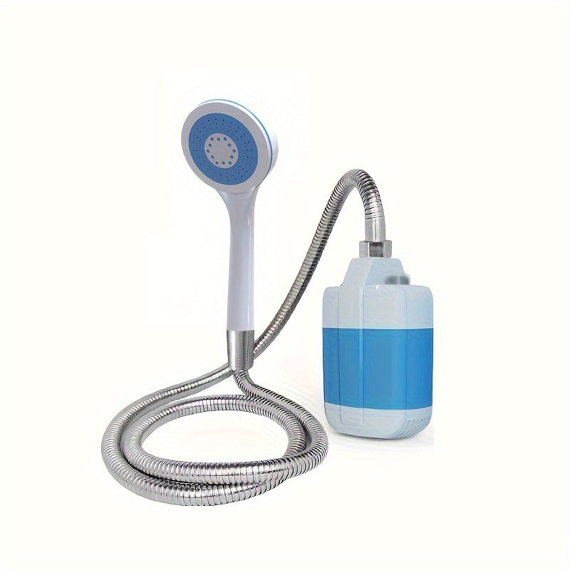 Portable camping shower with USB rechargeable battery, ABS material, ideal for outdoor activities.