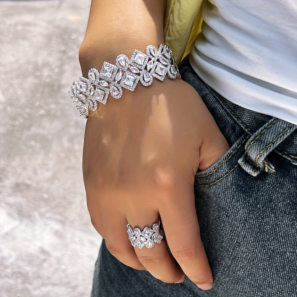 Elegant Square Zirconia Bangle and Ring Set for Women, Perfect for Bridal Wedding and Vintage Evening Parties