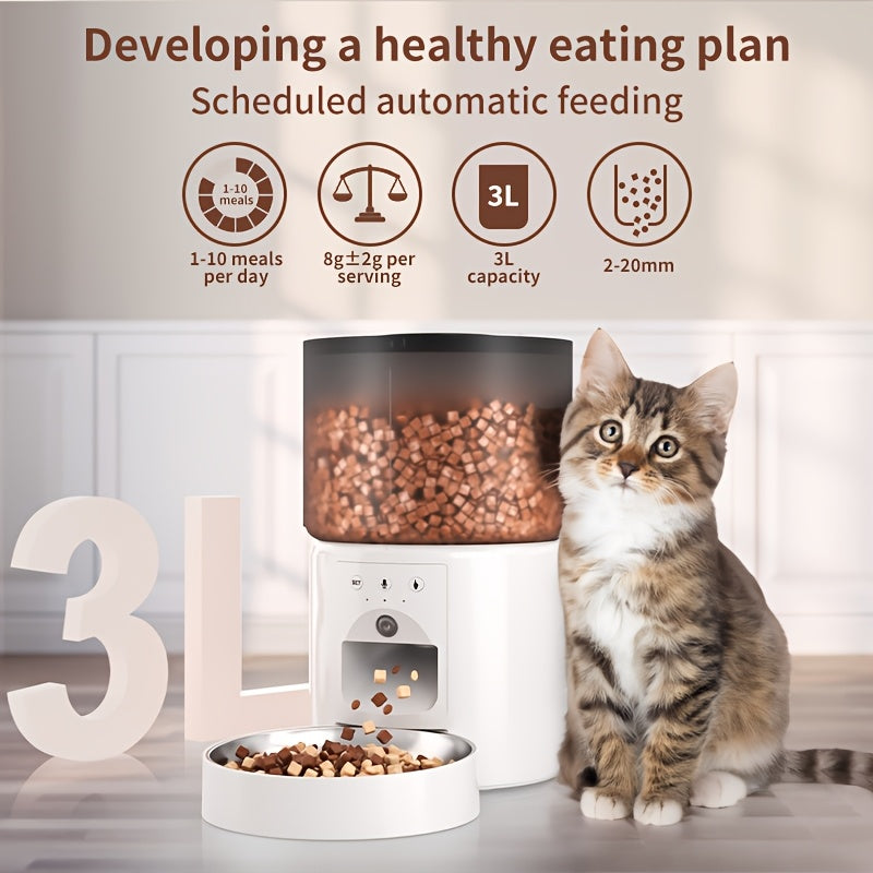 Automatic cat feeder with timed and quantitative feeding, large grain storage capacity, video and voice interactive features, three versions available, keeps food dry.