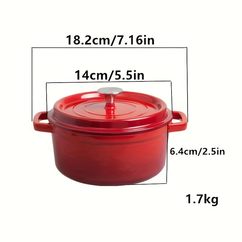 This Dutch oven is made of enameled cast iron and features convenient handles. It has a diameter of 18.2cm (7.16in), a height of 14cm (5.5in), a depth of 6.4cm (2.5in), and a capacity of 1.7kg. It is suitable for use on gas stoves.