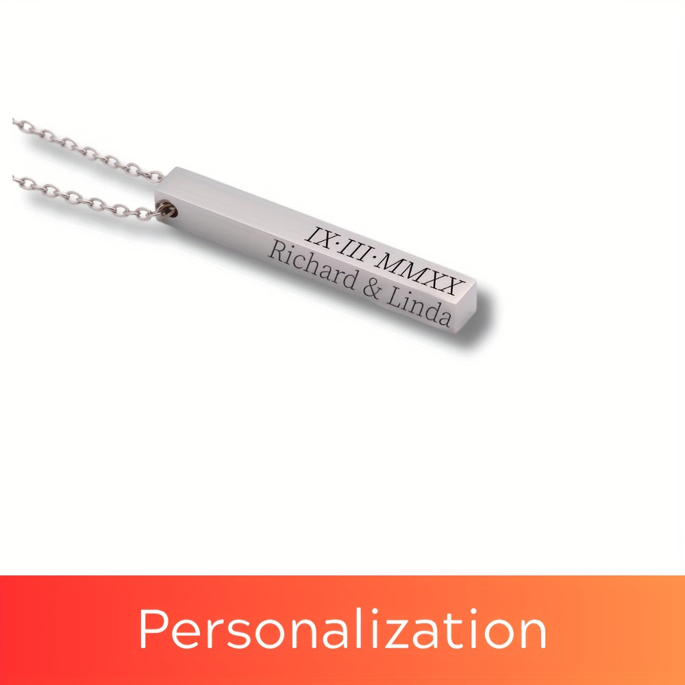 Elegant Custom Engraved Vertical Bar Necklace for Women - Personalized with Name and Date - Available in Gold, Silver, and Rose Gold - Stylish Alloy Jewelry for Everyday Wear or Gifting - 3D Design with Coordinates