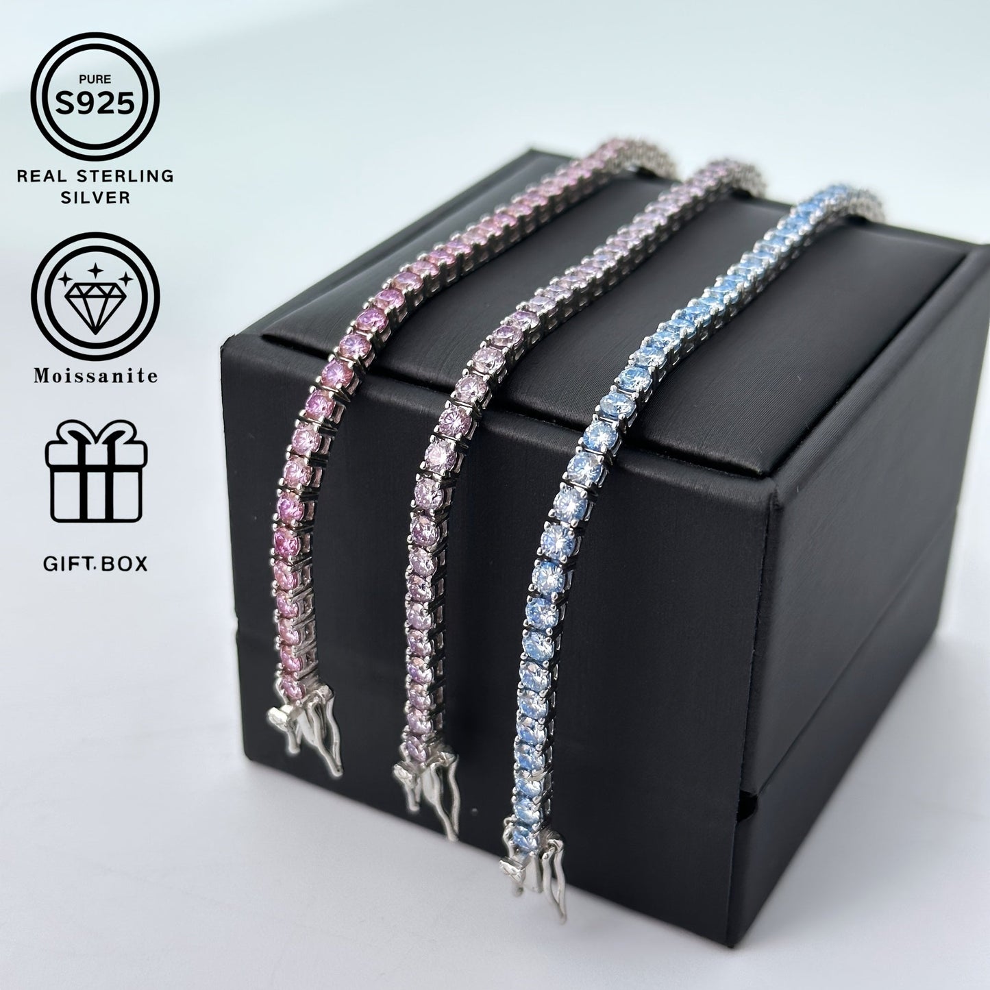 Gift this stunning S925 Silver Tennis Bracelet with a sparkling single stone in Pink/Purple/Blue Moissanite to men and women. Perfect for birthdays, Valentine's Day, weddings, and Christmas. Make brides feel extra special with this precious piece.