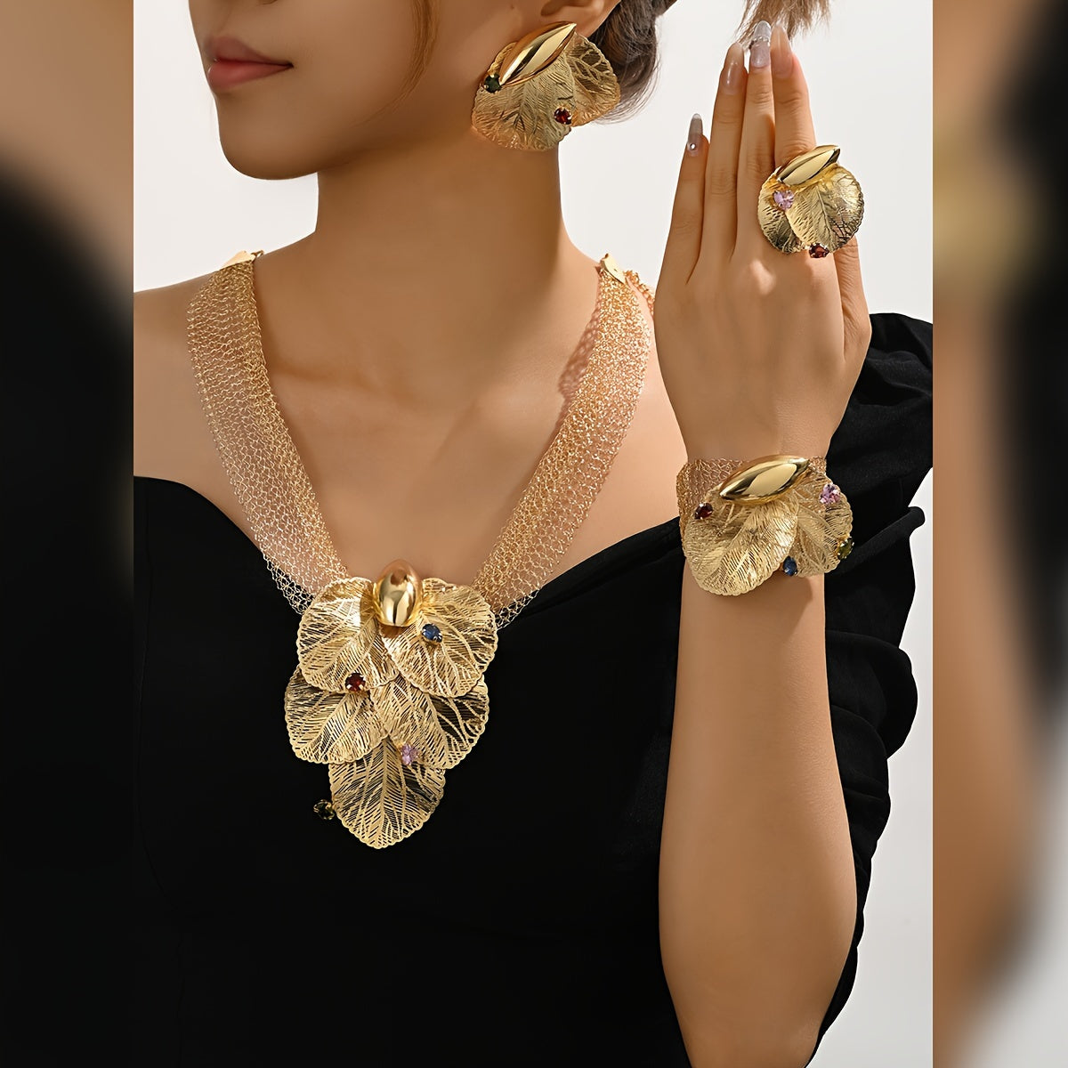 5-piece Vintage Arabian Jewelry Set by MEIZ featuring an 18K Golden Plated Leaf-Design Necklace, Earrings, Bracelet, and Ring adorned with Synthetic Zirconia - Perfectly Elegant Accessories for Weddings, Parties, and Mardi Gras Celebrations.