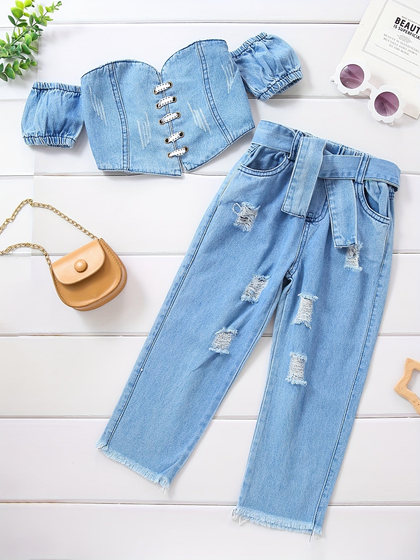 Toddler girls denim tube top and ripped jeans set for outdoor spring and summer wear.