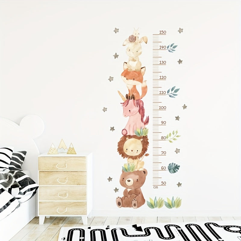 Cartoon animal height measurement wall stickers for room decor.