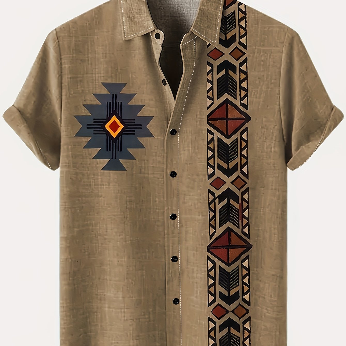 Men's lightweight khaki casual shirt with tribal 3D print featuring short sleeves, button-up collar, geometric pattern. Perfect for summer resort and outdoor wear, made with a polyester