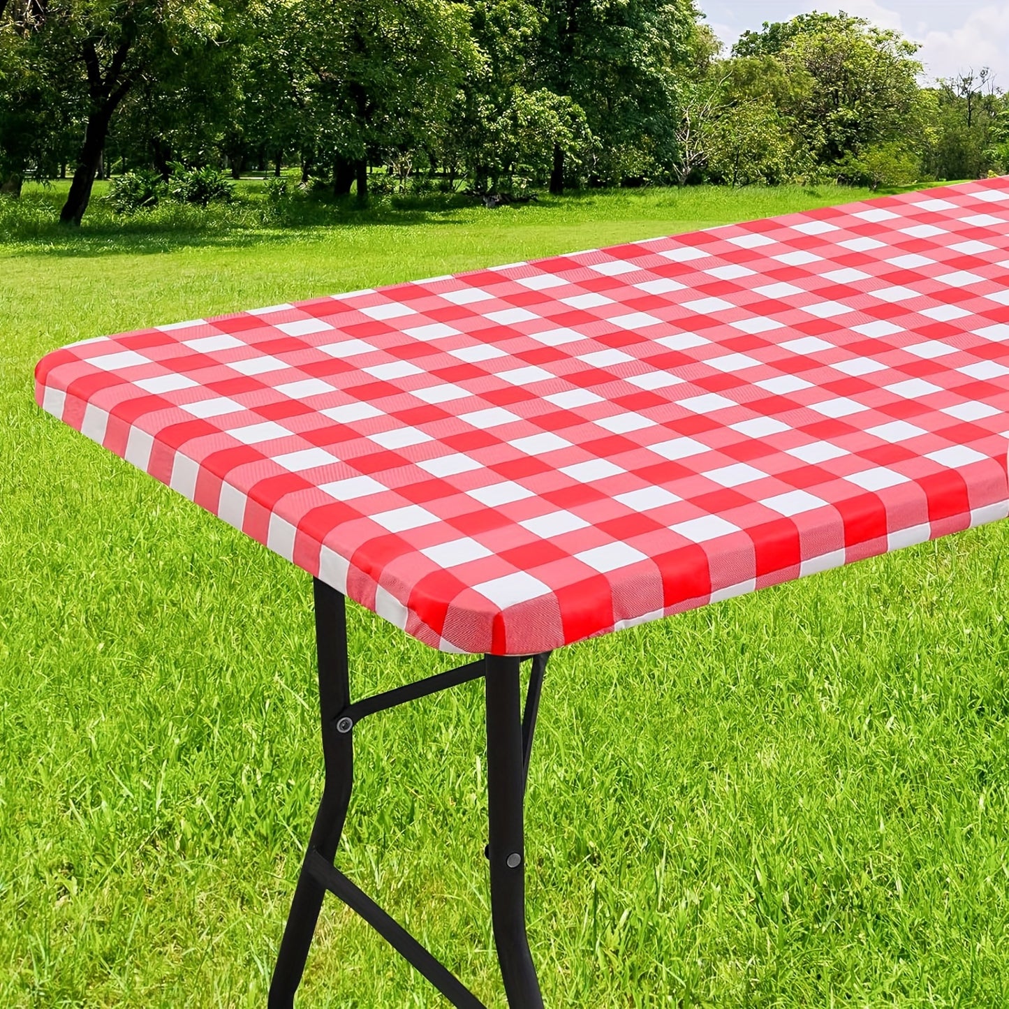 Waterproof vinyl table cover with flannel backing and elastic edge, featuring a gray and white geometric pattern. Ideal for indoor and outdoor use on home patio. Machine-woven fabric with easy-clean surface.