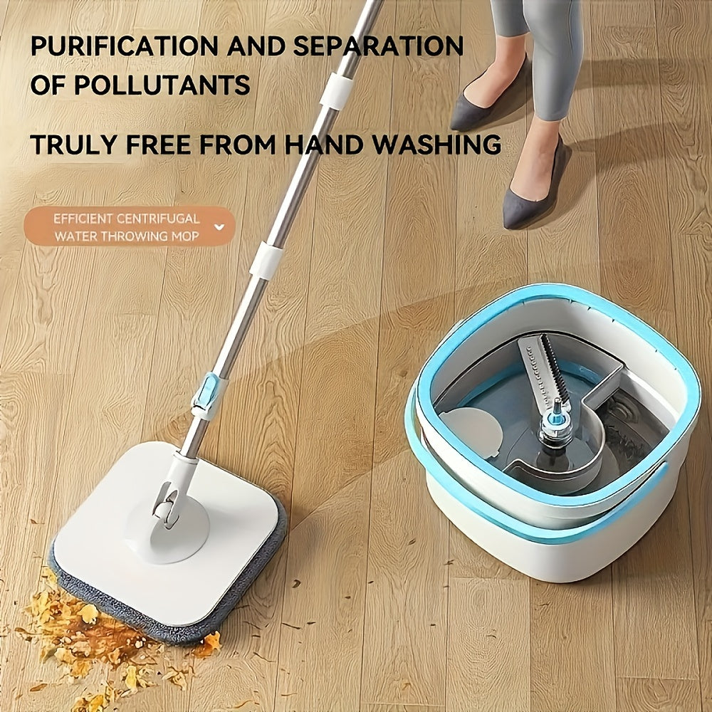 Effortlessly clean floors with the Square Spin Mop and Bucket System. This hand-free system features easy wringing and pollutant separation, making it perfect for any room in your home. The durable plastic construction requires no electricity and