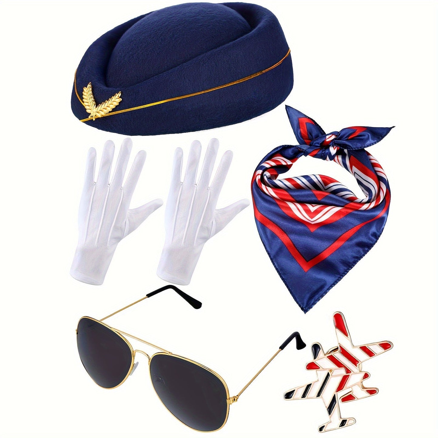 Set of 7 Women's Flight Attendant Costume Accessories - Stewardess Outfits with Flight Hat, Glasses, Scarf, Gloves, and Elegant Special Touches