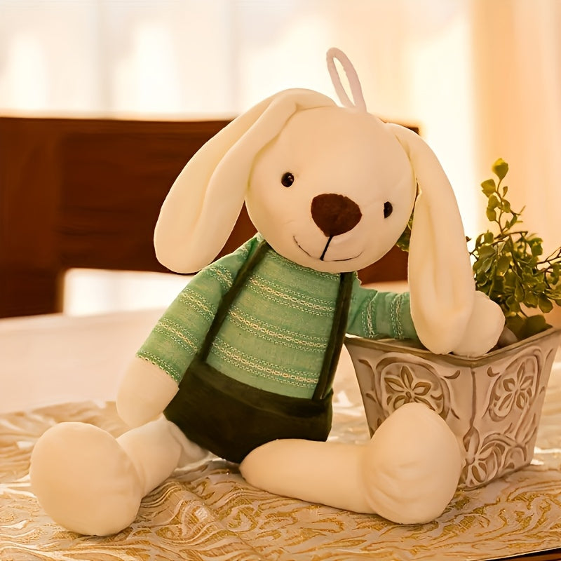 Preppy style unisex bunny plush toy, polyester filling and cover, dry clean only, ideal Easter gift.