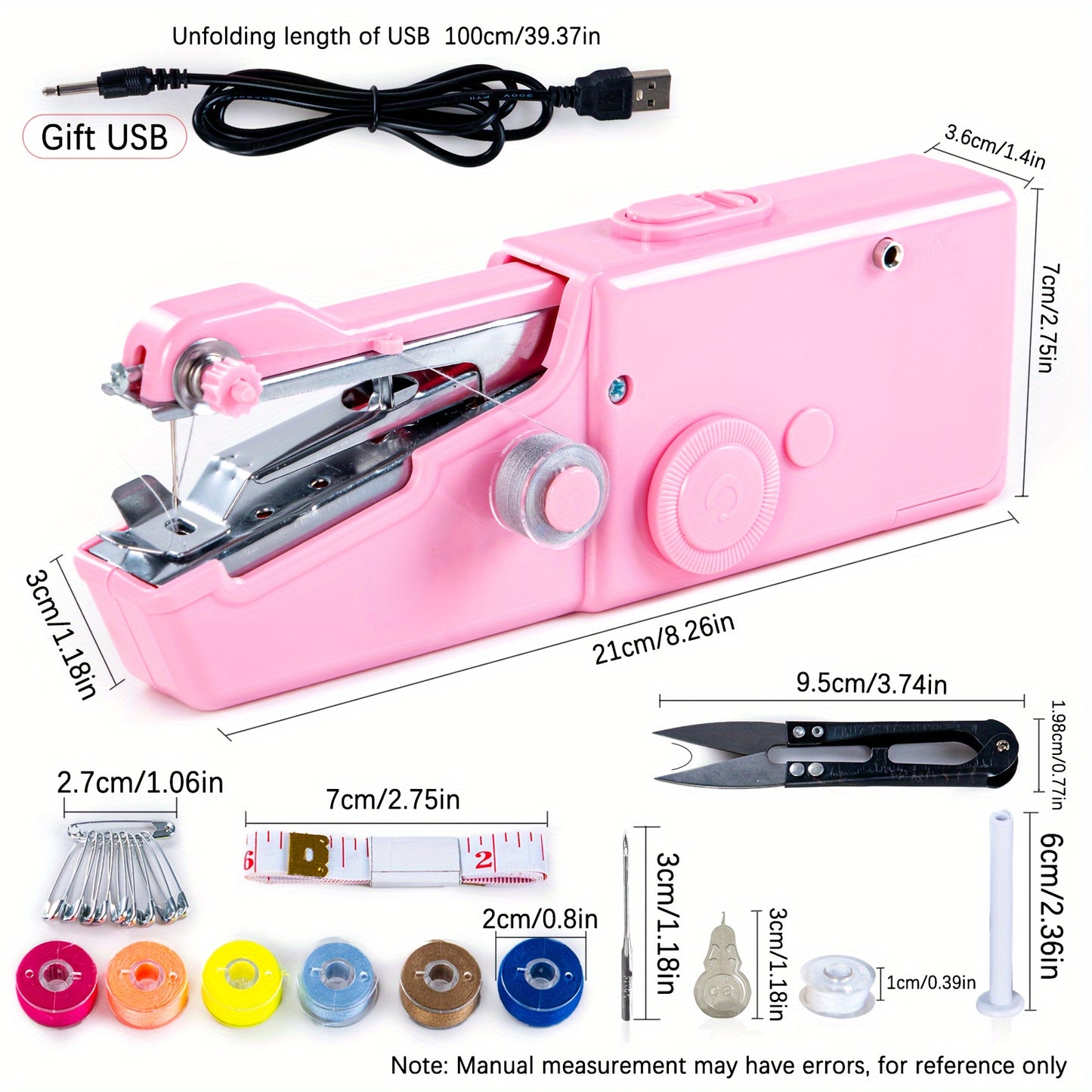 Mini Electric Handheld Sewing Machine with USB Power, AA Battery Operated - Pink