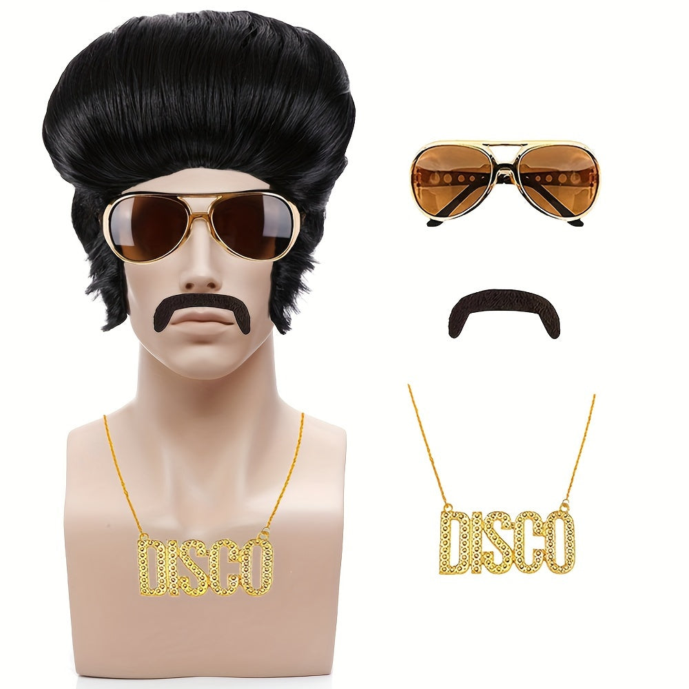 Set of 4 Nylon Coily Hair Wigs for Men - Perfect for Disco Rock Singer Cosplay. Includes Glasses, Mustache, and DISCO Necklace for Parties, Performances, and Halloween Costumes.