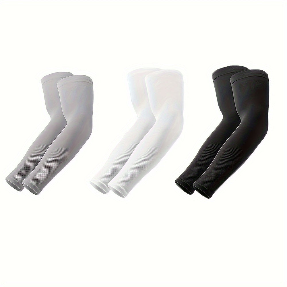 3 pairs of cooling arm sleeves made of ice fabric for sports and daily use, providing breathable, stretchable, quick-drying, and sun protection for summer activities and cycling.