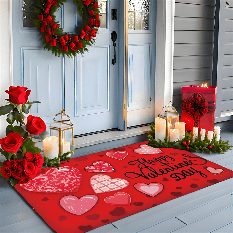 Valentine's Day Welcome Doormat in Love Theme, Crafted from Non-Slip Polyester Flannel, Easy to Wash in Machine, Resistant to Stains & Water, Low Pile Design, Machine-Made, Perfect for Entryways & Bathrooms, Ideal Valentine's Day Gift.