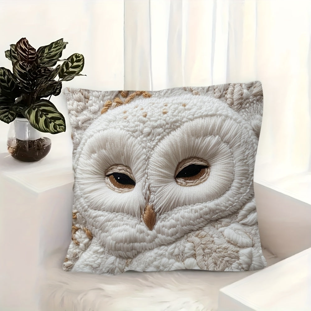 Super soft plush pillow cover with snowy owl design, 45.72x45.72 cm. Perfect for sofa, living room, bedroom decor. Double-sided print, zip closure, machine washable. Insert not included. Ideal for couch.