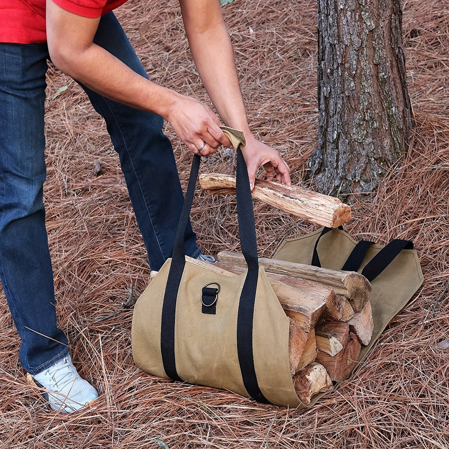 Sturdy PVC Log Carrier Bag for Outdoor Use – Effortlessly transport and store firewood with reinforced handles – Perfect for camping and as a fireplace accessory