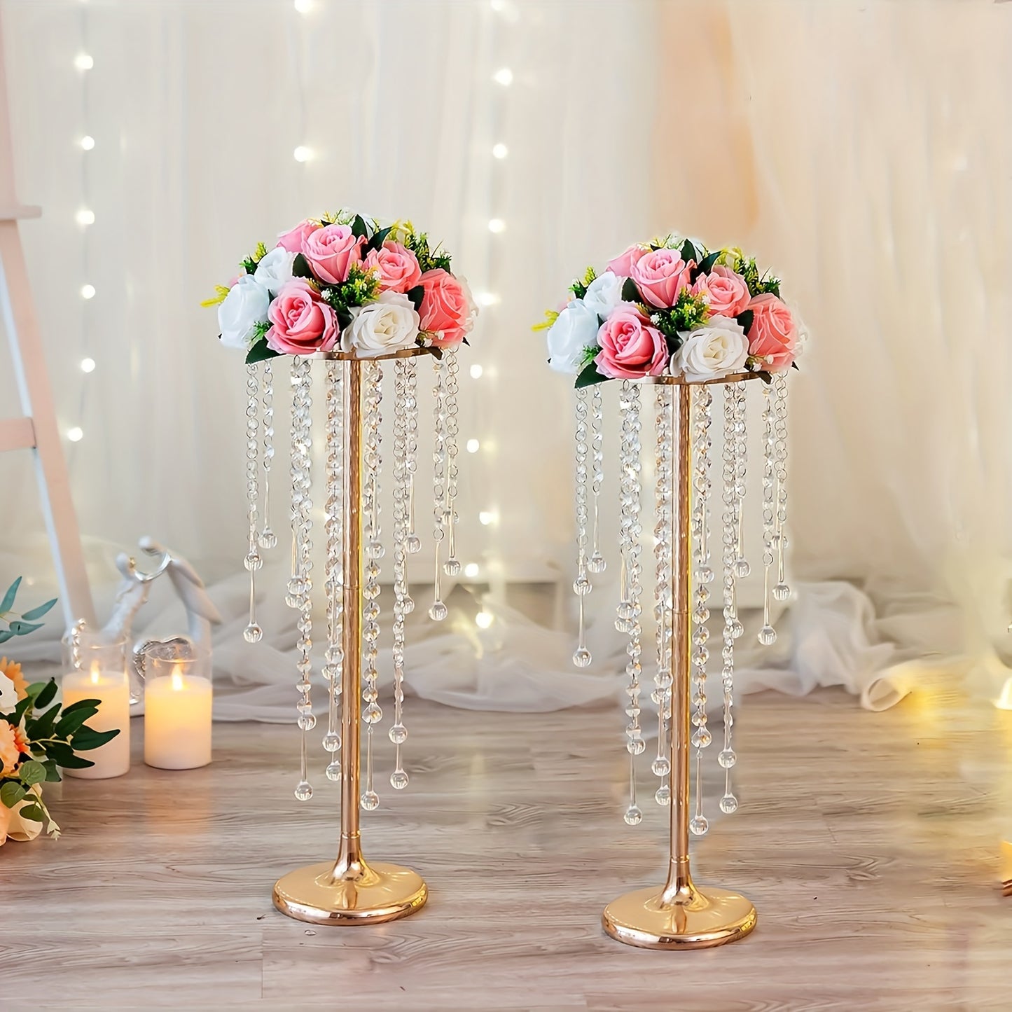 2 crystal flower stands for wedding centerpieces, metal holders for tabletop flower arrangements at reception ceremonies.