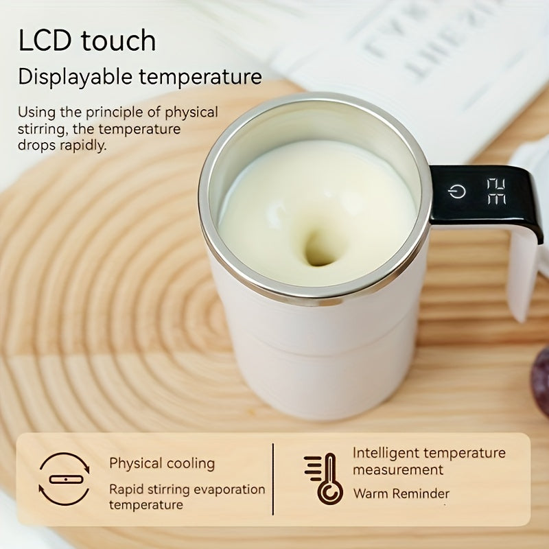 Innovative Self-Stirring Coffee Mug with Temperature Display - made from premium 304 Stainless Steel, USB rechargeable, includes Auto-Off function for effortless heat retention. Ideal for both office use and camping trips, constructed with Food-Safe