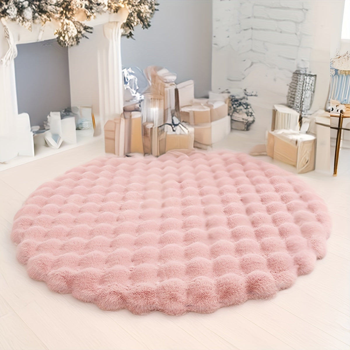 Bubble velvet fabric round carpet suitable for indoor decoration. This high-end, soft, and easy to clean carpet is fluffy, warm, and cute. Perfect for adding a festive touch to your home during Christmas. Can be used in the bedroom, living room