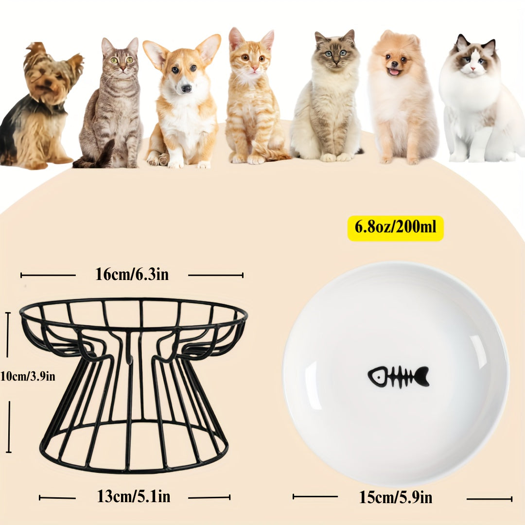 Raised ceramic cat bowl with anti-slip iron stand for comfortable and spine-friendly eating.