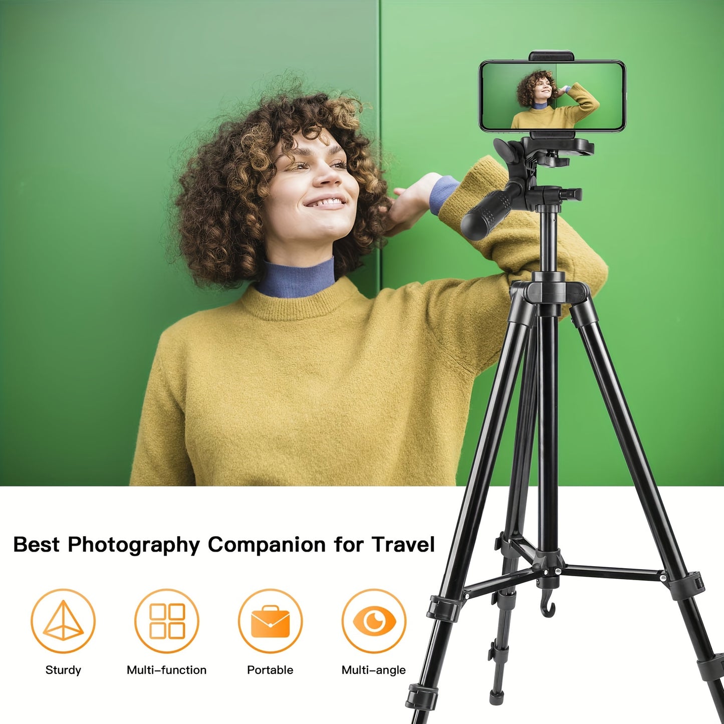 UEGOGO Aluminum Tripod with Gimbal Head, lightweight at 129.54cm, perfect for selfies, video recording, vlogging, and live streaming. Includes carry bag and phone clip, no batteries