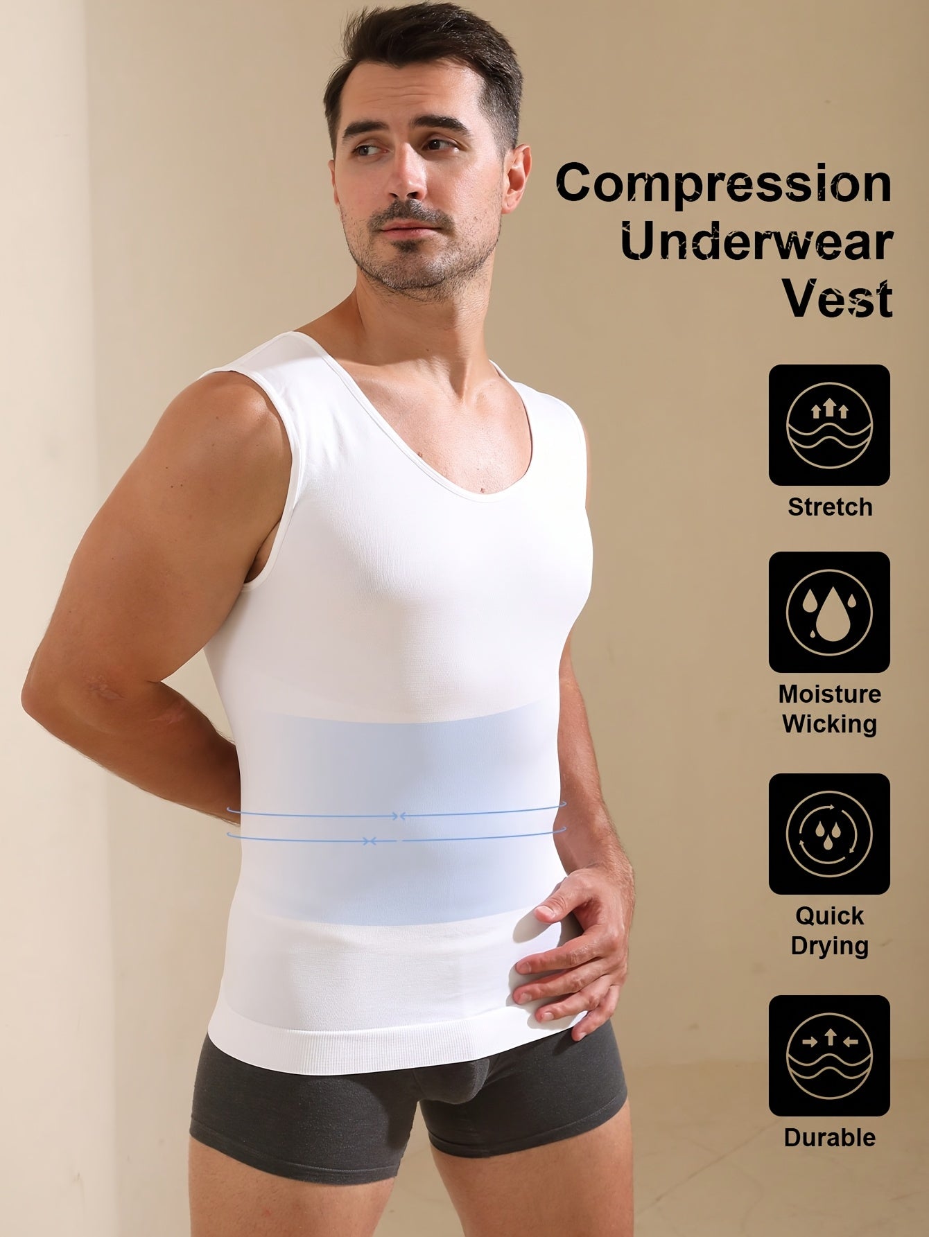 Men's Compression Tank Top with high stretch knit fabric, crew neck, sleeveless design, solid color, skinny fit, moisture-wicking, quick-drying features. Ideal for body shaping and tummy