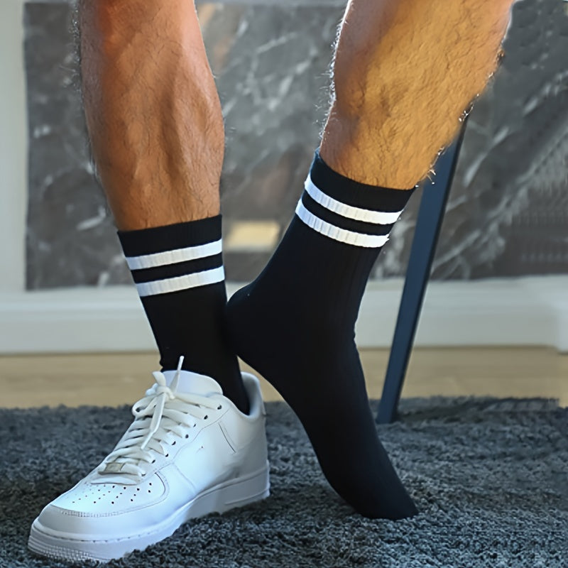 6 pairs of men's trendy striped crew socks, perfect for outdoor and all-season wear