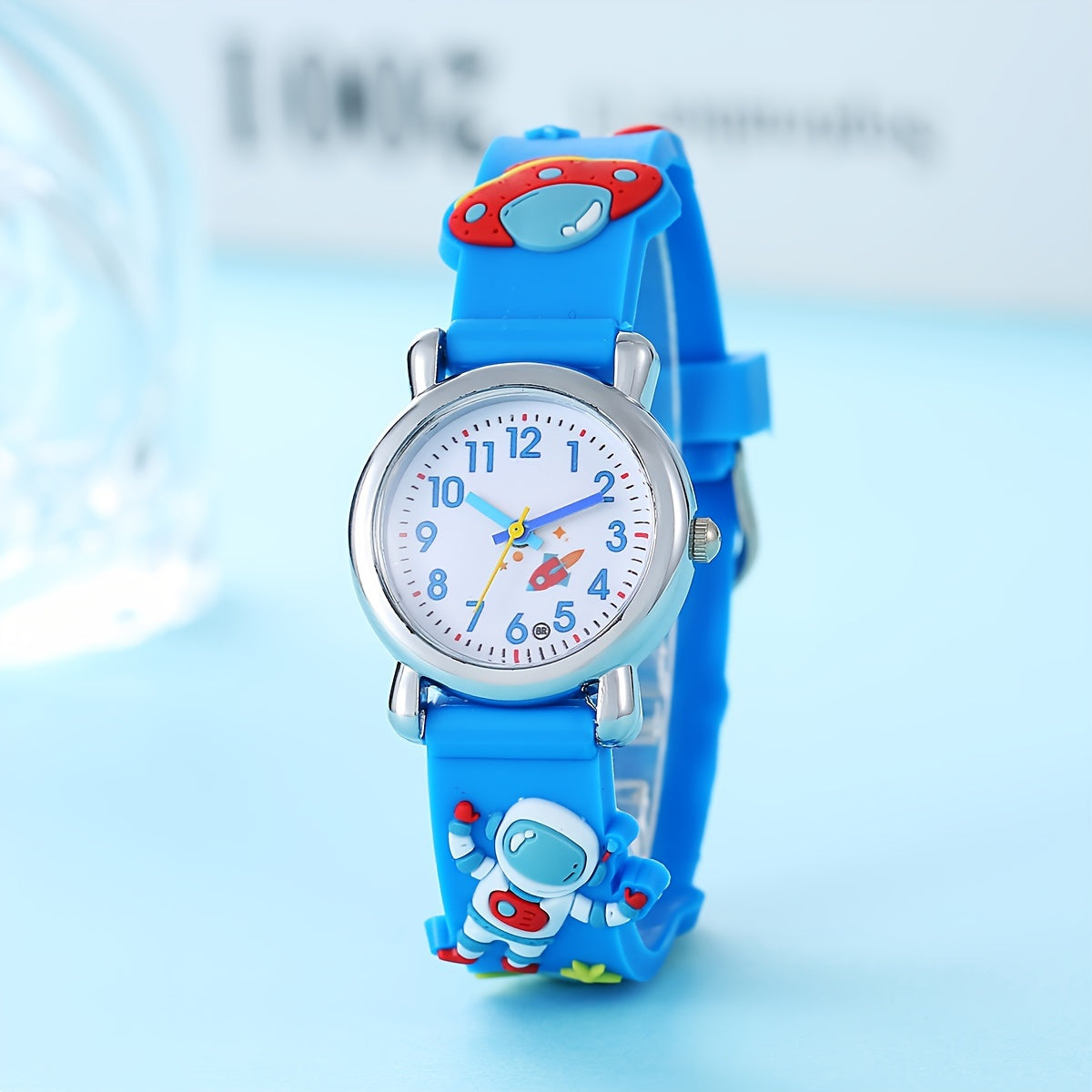 Children's Astronaut and UFO Quartz Watch - Silicone band, not waterproof, blue.