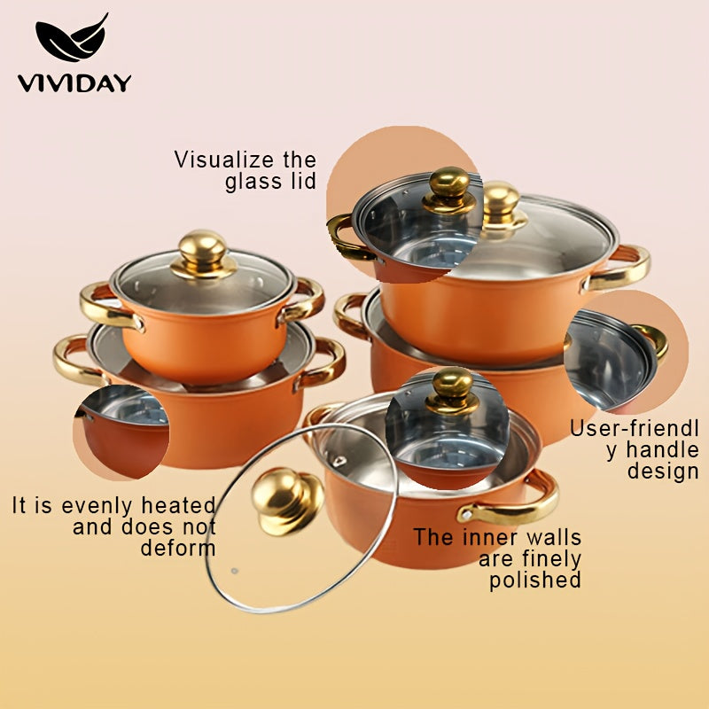 Stainless Steel Induction Cookware Set - 10 Pieces Including Frying Pan, Covered Cooking Pot, and Casserole - Easy to Store, Comes in Different Sizes with Glass Lid - Suitable for All Stovetops, Great for Gifting, Perfect for Festivals, Electric Cookware