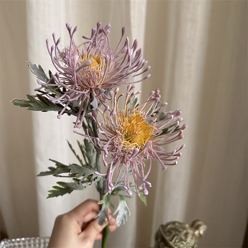 1 lifelike artificial chrysanthemum with 2 blooms - ideal for weddings, engagements, and home decor. Perfect for tabletops and photography props.