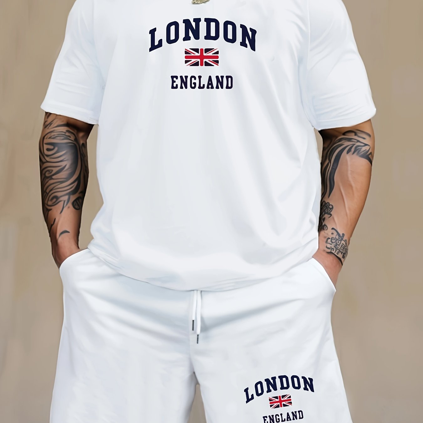 2 sets of men's pajamas with LONDON ENGLAND British flag print, short-sleeve shirts, and shorts for summer loungewear. Comfortable and stylish.