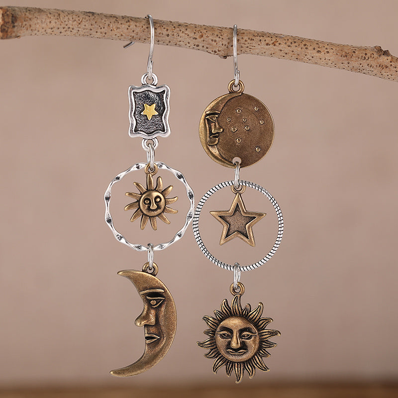 Antique Bronze Boho-Chic Earrings featuring Asymmetrical Dangles of Star, Moon, and Sun - Ideal for Everyday Wear or as a Thoughtful Gift for Women's Party - Stylish and Unique Pendant Option